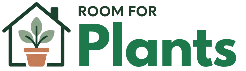 Logo for 'Room for Plants' with a house and potted plant design on a white background.